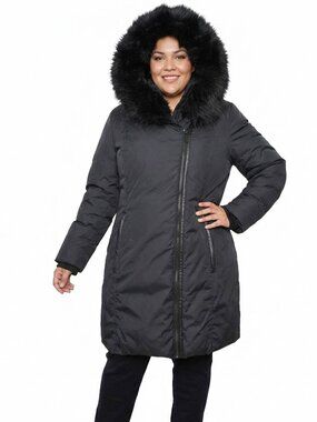 DKNY Black Puffer Parka Jacket Asymmetrical Zip Faux Fur Hood Coat Plus XL